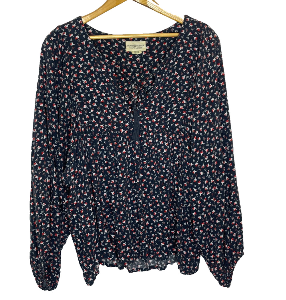 Women's Large Denim & Supply Blue Floral Pattern Boho Peasant Blouse Viscose